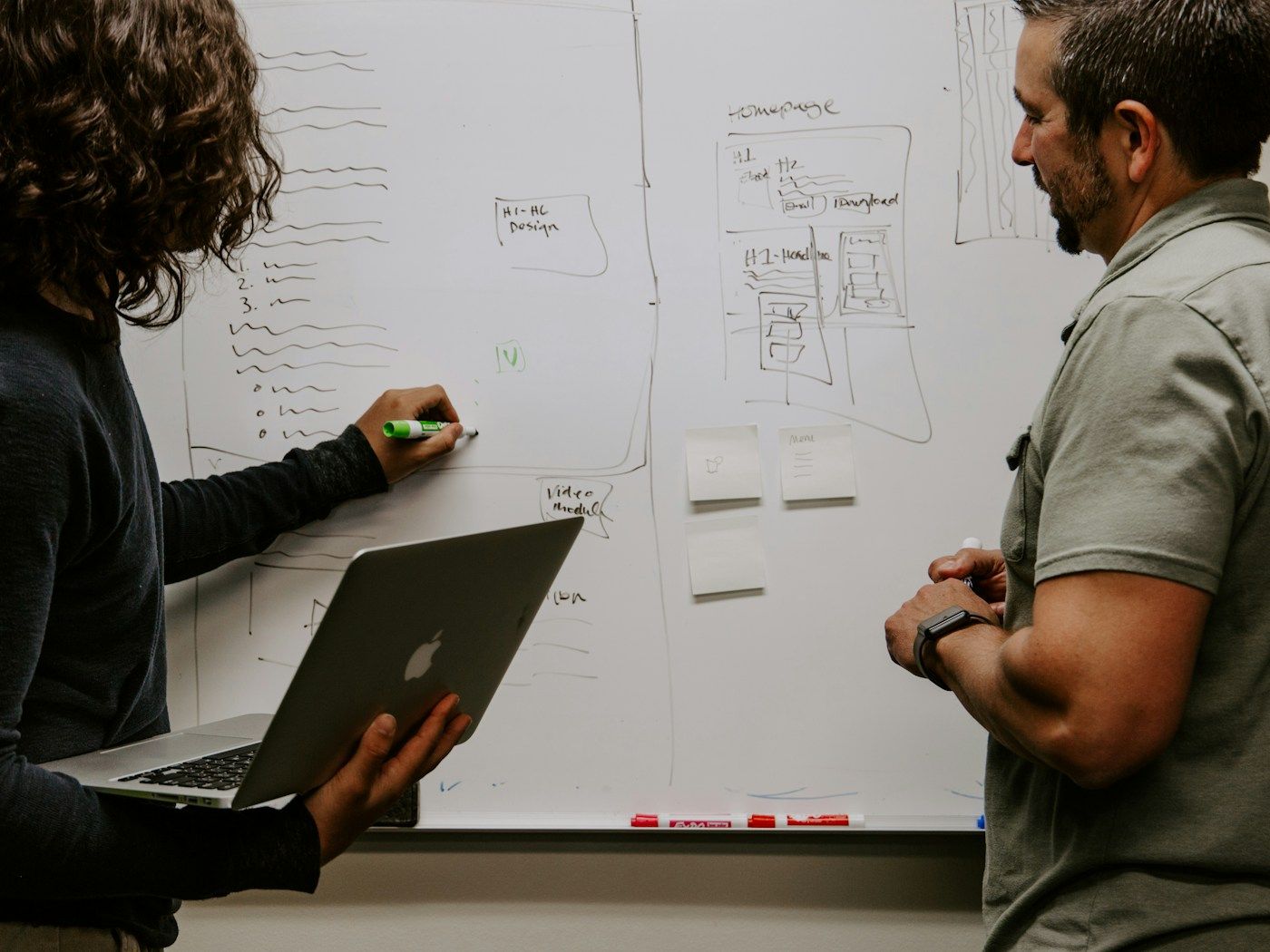 Photo: Kaleidico on Unsplash A woman holding a laptop sketches a process on a whiteboard while a colleague watches